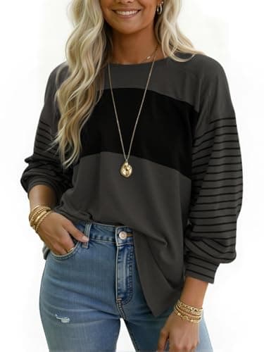Image of NILOINE Womens Oversized Striped Shirts Long Sleeve Pullover Tops Crew Neck Color Block Casual Blouses, 1-black Grey, M