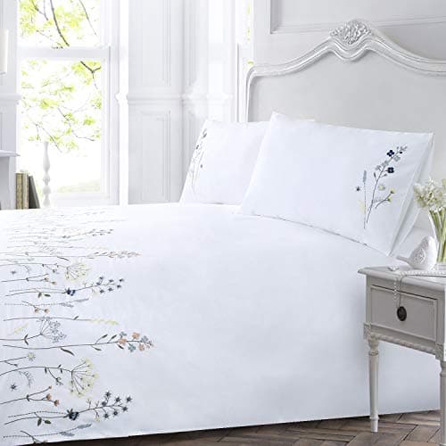 Image of YINFUNG Bedding Double Bed Set Floral Bedding White Cotton Duvet Cover Sets Embroidered Soft Luxury Breathable Quilt Cover with 2 Pillowcases (White, Double 200x200 cm)
