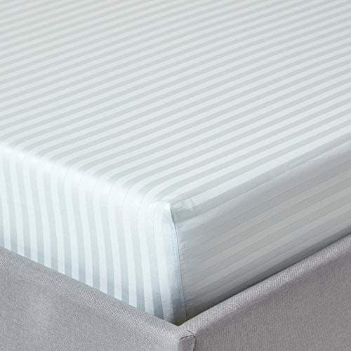 Image of HOMESCAPES Blue Deep Fitted Sheet (12”) Double 330 TC 500 Thread Count Equivalent Satin Stripe Pure Egyptian Cotton Bed Sheet with Fully Elasticated Skirt