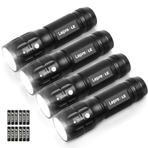 Image of LE LED Torch, LE1000 Powerful Handheld Flashlight, Super Bright, Pocket Size, Lightweight, Suit for Camping, Cycling, Running, Dog Walking and More Outdoor Use, 12 AAA Batteries Included, Pack of 4