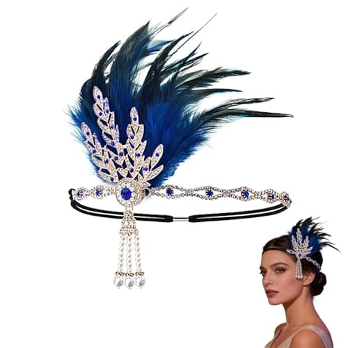 Image of Durdiiy 1920s Flapper Headband, Feather Headpiece with Jewelry Vintage Headband Shiny Crystal Accessories for Women Black White Retro Hair Prom, Carnival, Parade, Show (Blue)