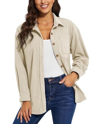 Image of TACVASEN Women's Casual Shirt Boyfriend Corduroy Shirts Stylish Button Up Shacket Winter Long Sleeve Jacket with Pocket Beige,XL
