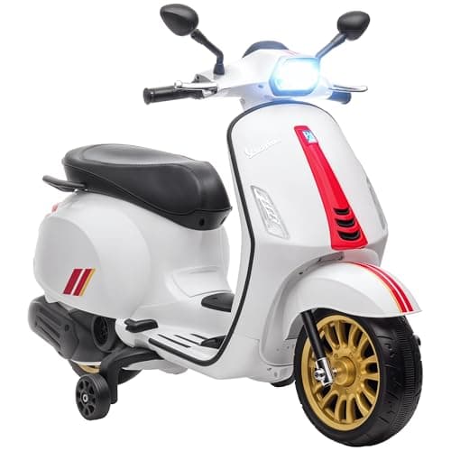 Image of AIYAPLAY Vespa Licensed 12V Kids Electric Motorbike, Kids Ride on Motorcycle with Music, Head Light, MP3, FM Radio, Two Training Wheels, for 3-6 Years - White