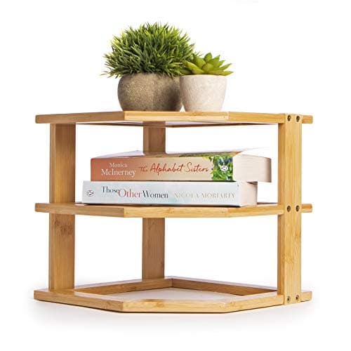 Image of Bamboo 3 Tier Corner Shelf | Kitchen Cupboard Storage Organiser | Stacking Shelf | Worktop Tidy | Plate Rack | Space Saving Unit | Mini Shelf | M&W