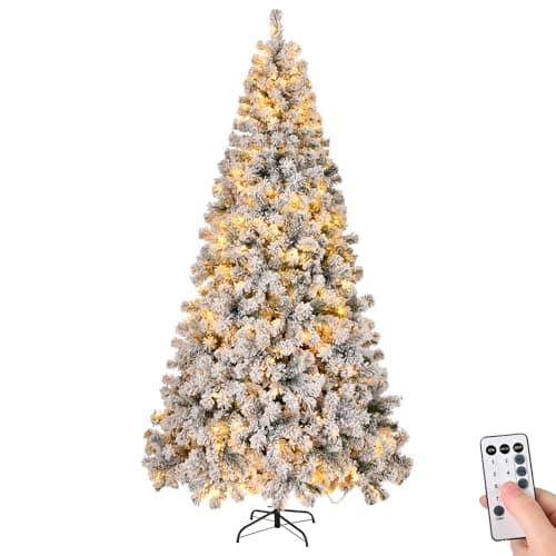 Image of Outopee 8ft Snow Flocked Artificial Christmas Tree with 200LED Lights, Remote Control, 8 Lighting Modes, 1200 Branch Tips PVC Xmas Tree Indoor Christmas Holiday Decoration for Home, Office, Shop