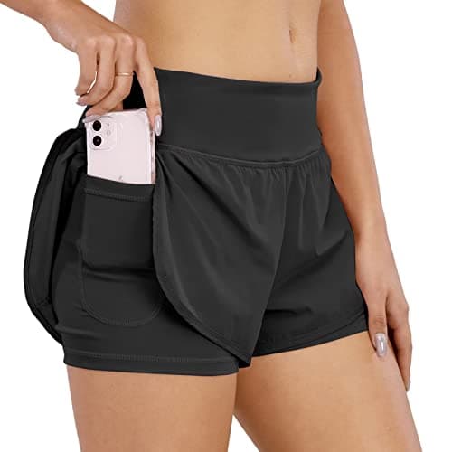 Image of COTOP Women's Running Shorts with Pocket,Lightweight Cycling Shorts with Liner Athletic Gym Summer Sports Shorts-Black-XS