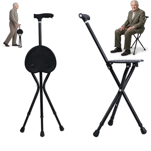 Image of Walking Stick with Light & Seat- Adjustable Folding Walking Sticks for Women and Men - Lightweight Portable Collapsible Balancing Walking Aid - Travel Walking Cane for Ladies Elderly Adults (Black)