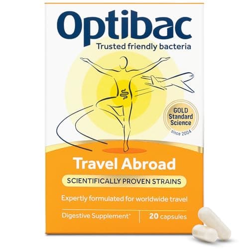 Image of Optibac Probiotics Travel Abroad - Vegan Travel Probiotics - Digestive Supplement with Saccharomyces Boulardii, Lactobacillus & Bifidobacterium - Most Trusted & Recommended Brand - 20 Capsules