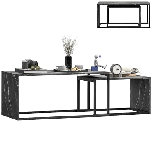 Image of HOMCOM Nesting Coffee Table Set of 2, Industrial Stacking Side End Tables with Metal Frame for Living Room, Bedroom, Dark Grey Marble Effect
