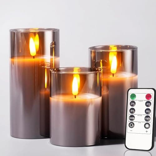 Image of GTTFAE Glass Grey Real Wax LED Candles Flickering with Remote & Timer - Fake Candles Flickering Light, Battery Candles Set of 3, Festival, Wedding, Home Decor, Room Decor