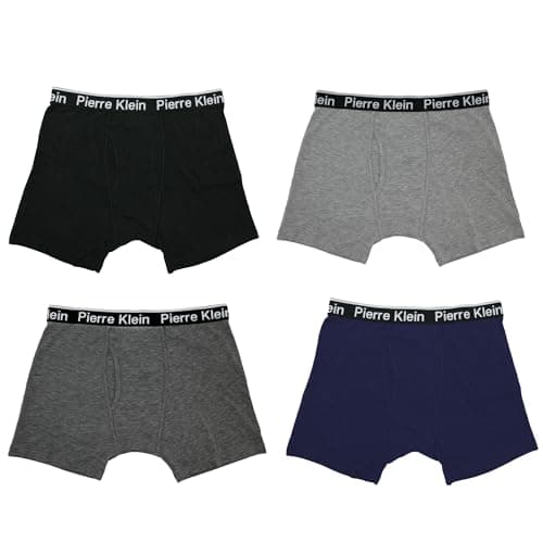 Image of Pierre Klein Men's 2 Pack (4 Pairs) Boxer Shorts | Gift Box Set | Keyhole Trunks with Elastic Waistband | 360° with 4 Way Stretch (UK, Alpha, M, Regular, Regular, Black, Navy, Grey Marl, Charcoal)