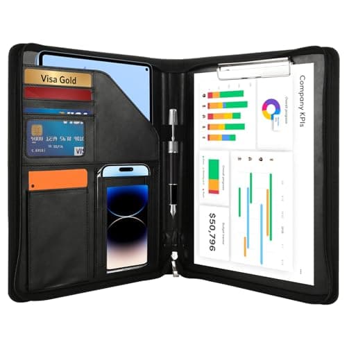 Image of MUXHEL Conference Folder A4 Zipped Portfolio Folder A4 Leather Document Folder Black Leather Folders for Documents A4 Work with Clipboard, Pockets, Pen & Card Holder