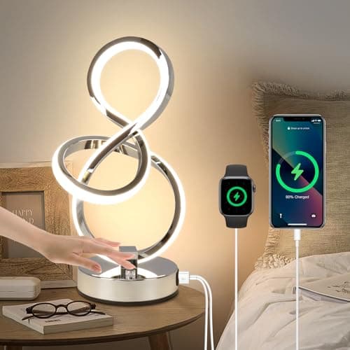 Image of EIDEARAY Modern LED Table Lamp,3 Color Temperatures,Touch Control Stepless Dimmable Bedside Table Lamp with USB Ports, Touch Control LED Nightstand Lamp, Desk Lamp for Living Room,Bedroom(Silver)