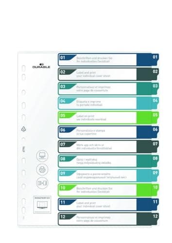 Image of Durable Index Set 1-12 A4+ Portrait - Writable Index Organisation Sheet - 100% Recyclable - Perfect For Organising A4 Documents - Multicoloured