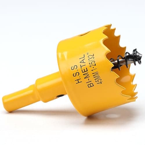 Image of 45mm Hole Saw, HSS Bi-Metal Hole Cutter with Drill Bit for Wood, Plastic, PVC, Fiberglass and Plasterboard, Yellow