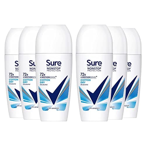 Image of Sure Women 72H Motion Sense Antiperspirant Deodorant Roll-on with 0% Alcohol Nonstop Odour Protection, Cotton Dry 50ml (Pack of 6)