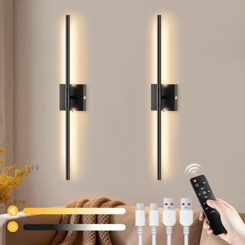 Image of Rechargeable LED Wall Lights 2 Pack - 10000mAh Battery Operated Wall Lights Indoor with Remote 3 Colour Temperatures, Wireless Wall Sconces Dimmable Black Wall Lamp for Living Room Bedroom Hallway