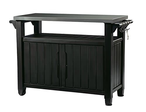 Image of Keter Unity XL Outdoor Portable Table and Storage Cabinet with Hooks for Grill Accessories Stainless Steel Top for Patio, Kitchen, Island or Bar Cart, Dark Grey