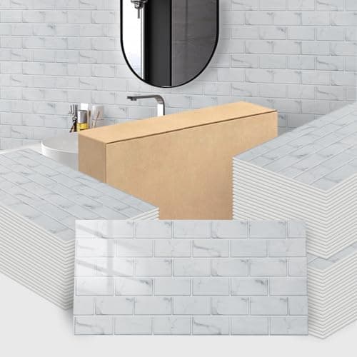 Image of Trafagala 10Pcs Brick White Marble Tiles 60x30cm Thicken Self Adhesive Wall Tiles Waterproof Peel and Stick on Vinyl Tiles Stickers for Living Room Bedroom Bathroom Kitchen Splashback Panel Covering