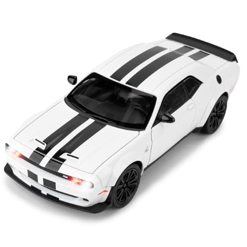 Image of BGHSCA Compatible for Dodge Challenger SRT Hellcat Car Model, 1:22 Die-Cast Toy Car with Sound and Light, Pull Back Model Vehicle Toy for Adult Kids (White)