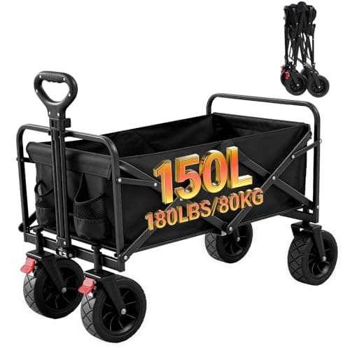 Image of Palawano 150L Folding Festival Trolley on Wheels, Heavy Duty Camping Wagon with Brakes, All-Terrain Beach Cart with Adjustable Handle, Foldable Garden Trolley for Picnic, Shopping & Festivals, Black