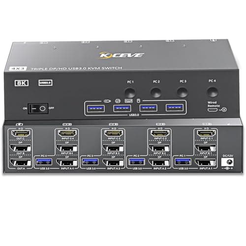 Image of YOUTINGHDAV USB 3.0 KVM Switch 3 Monitors 4 Computers Displayport HDMI, Triple Monitor KVM Switch 8K@60Hz 4K@144Hz for 4 PC Share 4 USB Device Mouse Keyboard, Wired Remote(8K DP HD 4 in 3 out KVM)