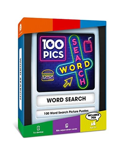 Image of 100 PICS Word Search Travel Game - 100 Puzzles with picture clues | 50 wipe clean cards, slide reveal case & pen | Activity, Gift, Stocking Filler | For kids & adults, Age 6+