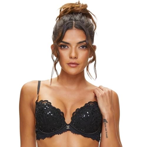 Image of Ann Summers The Icon Fuller Bust Padded Plunge Bra – Women's Underwear with Lace, Sequins & Gold Details, Cup Sizes DD-G – Womens Lingerie with Wide Adjustable Straps & Cleavage-Enhancing Lift (Black)