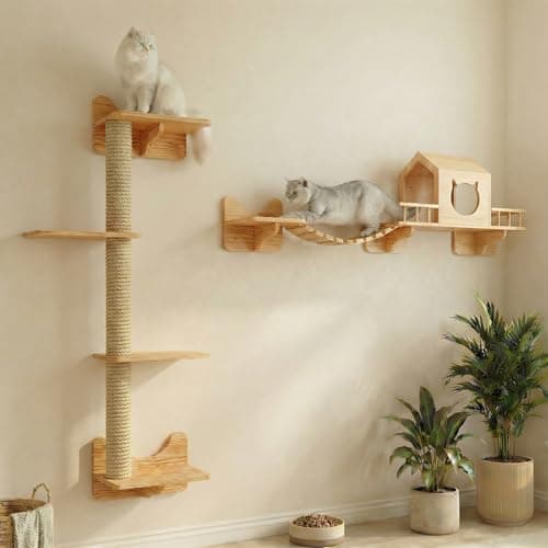Image of Cat Wall Furniture for Indoor Cats, Wooden Climbing Set with Shelves, House, Bridge, 3 Scratching Posts & 5 Steps