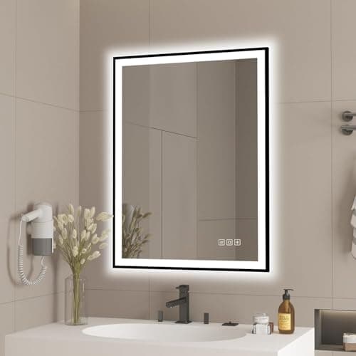 Image of furduzz LED Bathroom Mirror with Black Frame, 450 x 600 mm Vanity Mirror with Backlit Lights, Dimmable, Anti-Fog, Shatter-Proof, Memory, 3 Colors, Wall Mounted Mirror, Vertical/Horizontal