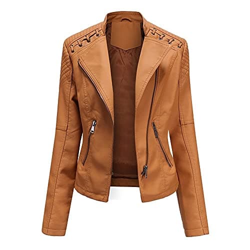 Image of YYNUDA Women's Stylish Faux Leather Jacket Zip Up Moto Biker Classic Short Jacket Coat Brown XL