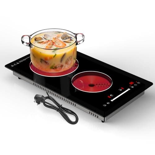 Image of Nardea Ceramic Hob 2 Zone with Plug, Built-in Electric Hob 2 Burner 30cm, 2 Ring Ceramic Electric Hob with Silde Control, 9 Heating Level, Safety Lock, Timer