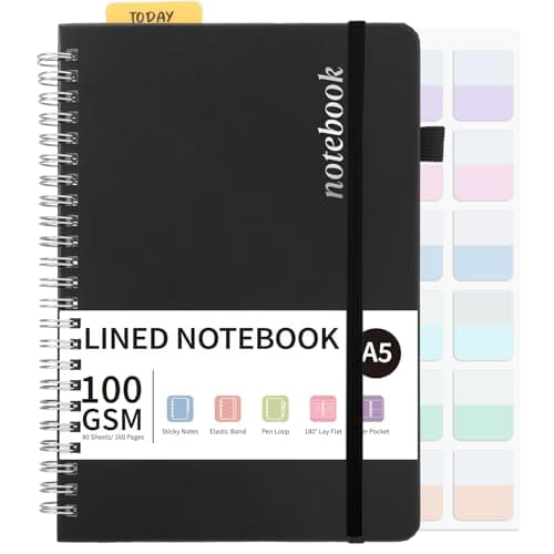 Image of Thboxes A5 Notebook, 80 Sheets A5 Lined Wirebound Spiral Notepad, 100GSM College Ruled Notebook with 24 Labels for Women Men Office School,15 X 21.5 cm, Black