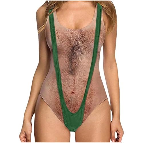 Image of Borat Mankini Swimsuits for Women Funny One Piece Swimsuit Hairy Body Chest Printed Hippie Swimming Costume Ugly Furry Front Plus Size Swimwear Novelty Fake Muscles Bathing Suit Beachwear