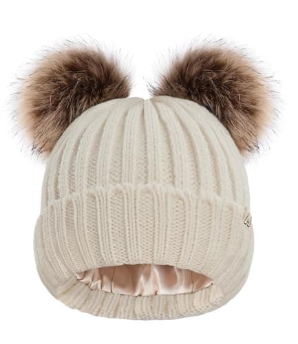 Image of Hat Hut Winter Hats for Women Satin Lined Beanie Hats for Women Ladies Bobble Hat Double Pom Pom Beanie Cap (B3-Beige 2 Poms)