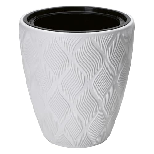 Image of B2C Round Tall Plant Pot Elegant Large Flower Indoor Outdoor Garden Planters Flow High 5 Colours Wave Plastic Textured With insert (White, H42cm x D38.5cm)