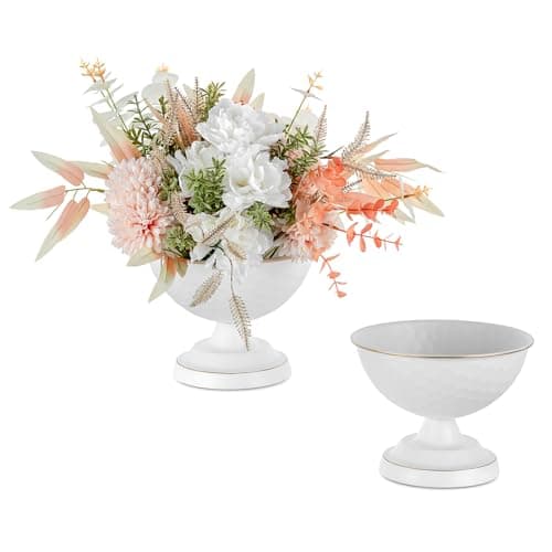 Image of Sziqiqi Urn Vase for Wedding Centrepiece: 14cm Small Vases for Table Decoration Set of 2 - White Vintage Pot for Artificial Flower Arrangement - Metal Unique Honeycomb Vase for Birthday Party