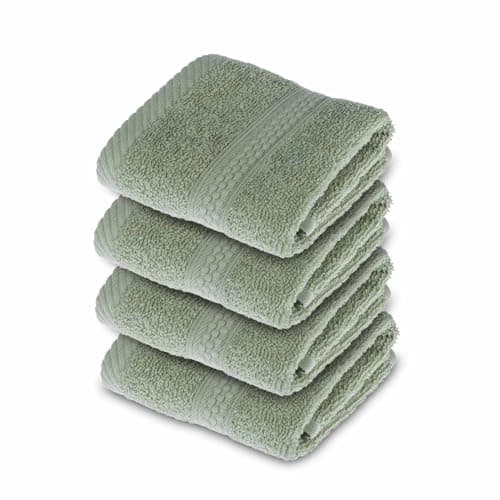 Image of HOMESCAPES Sage Green Turkish Cotton Set of 4 Face Cloths Flannel Super Soft Thick & Absorbent 500 GSM Towel Heavy Weight for everyday Luxury