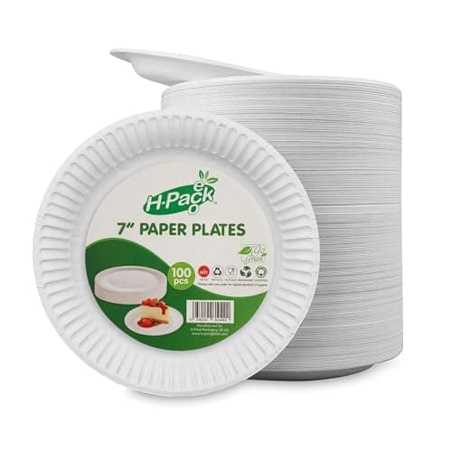 Image of Hot n Fresh H-Pack White Paper Plates Heavy Duty Disposable Party Plates for Breakfast Dinner Lunch Catering Travelling Picnic Camping Party Tableware (100, 7" 18cm)