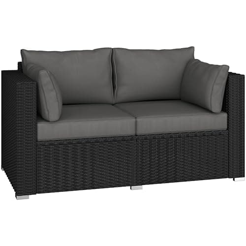 Image of Yaheetech Patio Rattan Sofa, 2-Seater Garden Furniture with Cushions & Throw Pillows, Outdoor Rattan Couch with Protective Cover for Balcony, Yard, Porch, Deck, Black & Grey