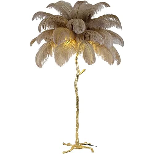 Image of Natural Ostrich Feather Floor Lamp, Resin Feather Standing Lamp, Simple Modern Bedroom and Living Room Standing Lamp, Golden Lamp Body, Dimmable with E14 LED Bulb