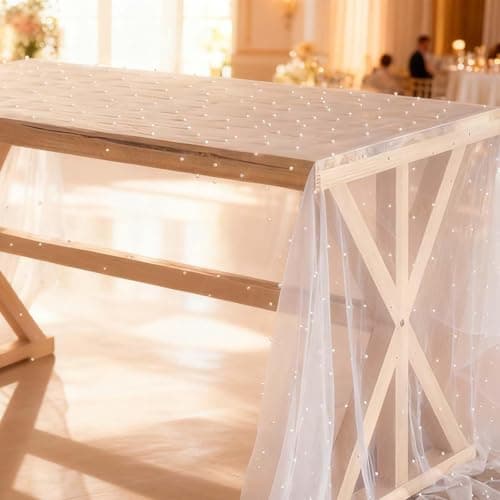 Image of Pearl Table Runner, 80x300CM Elegant White Pearl Table Decorations, White Lace Tablecloth Sheer for Bridal Shower Birthday Party Decor, Accessories Birthday Party Dining Christmas Table Runners