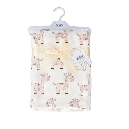 Image of KAV Soft Fleece Wrap Blanket - 75Wx100L CM Soft Unisex Pram Cot Crib Moses Basket Giraffe Print Gift Set for Newborn Babies Girl/Boy, Infant (Beige)
