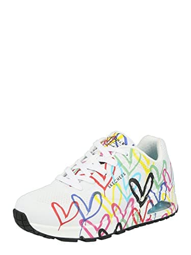 Image of Skechers Women's Uno Spread The Love Trainers, White Durabuck W Multi Color Heart Print/Mesh, 7 UK