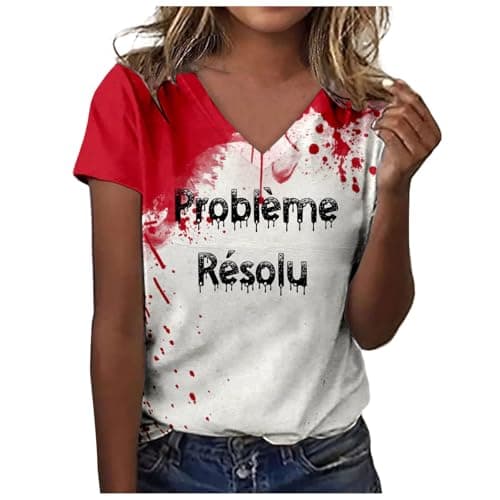 Image of Halloween Costume Unisex Printed T-Shirt for Women Short Sleeve V Neck Top Blouse, Light grey, S