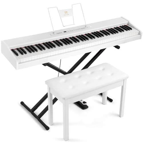 Image of MUSTAR 88 Key Piano Keyboard with Piano Bench, Digital Piano 88 Semi Weighted Keys for Beginners, Portable Electric Piano Keyboard 88 Keys with Case, Sustain Pedal, USB/MIDI, Built-In Speakers (White)