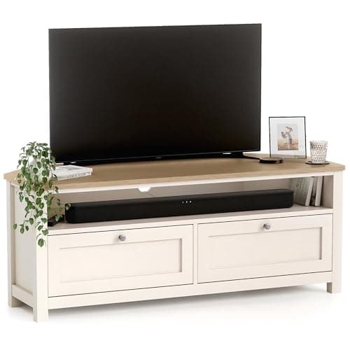 Image of CHRISTOW Corner TV Unit with Storage & Oak-Effect Top, Modern Television Stand with 2 Drawers & Open Shelf, Space-Saving MDF Media Cabinet for Living Room, Matte Painted – Cream, H45 x W115 x D45cm