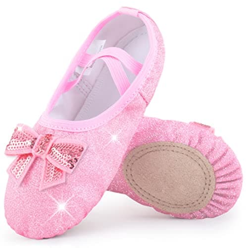 Image of Mulnall Ballet Shoes for Girls Pink Glitter Bows Dance,Full Sole Non-Slip Toddler/Kid(WX55-08-34)