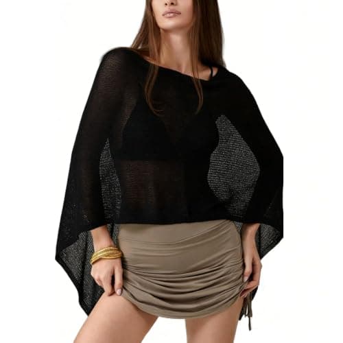 Image of Nsywmzy Poncho Tops For Women Sheer Knitted Lightweight Loose Coverup Top Asymmetrical Cape Vacation Beach Clothing (black, ONE SIZE)