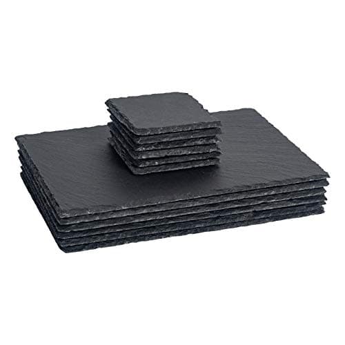 Image of Argon Tableware 12 Piece Rectangular Slate Placemats & Coasters Set - Black Natural Stone Dinnerware Plate Placemats Drink Mats for Kitchen, Home, Bar, Restaurant, Weddings, Events
